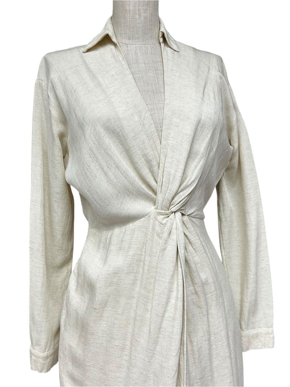 Anthropologie Ivory V-Neck Knot Front Midi Dress Linen Blend US 2 - Picture 8 of 17